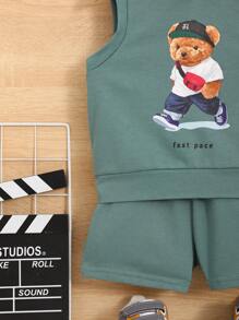 SHEIN 男嬰熊和字母圖案連帽背心上衣和短褲
