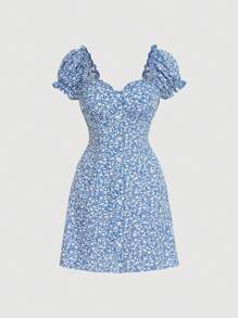 SHEIN MOD Vestido con estampado floral con botón delantero - Azul y blanco - Ver 1