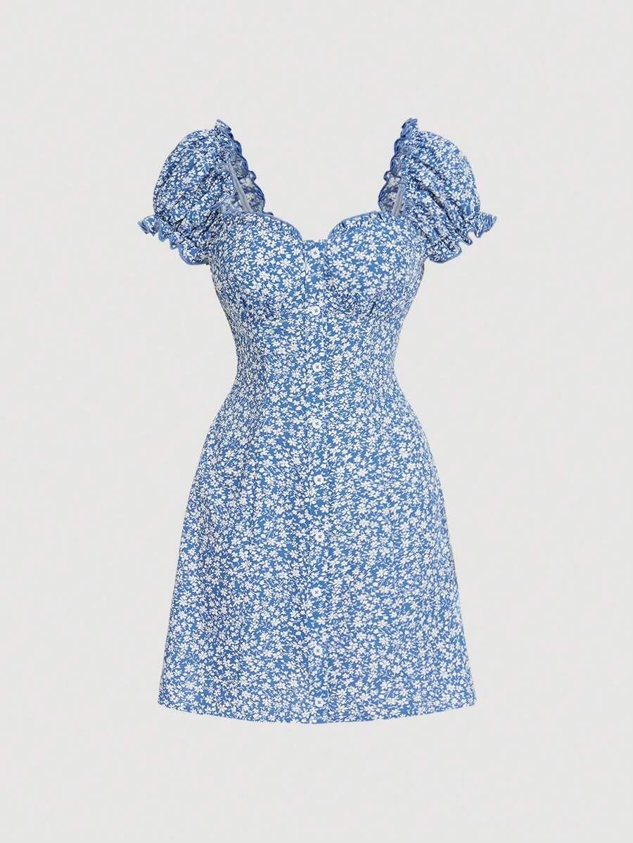 SHEIN MOD Vestido con estampado floral con botón delantero - Azul y blanco - Ver 1