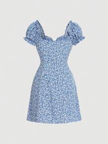 SHEIN MOD Vestido con estampado floral con botón delantero - Azul y blanco - Ver 2