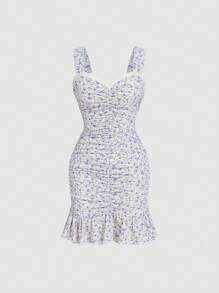 SHEIN MOD Vestido de tirantes floral fruncido bajo con fruncido - Morado - Ver 1