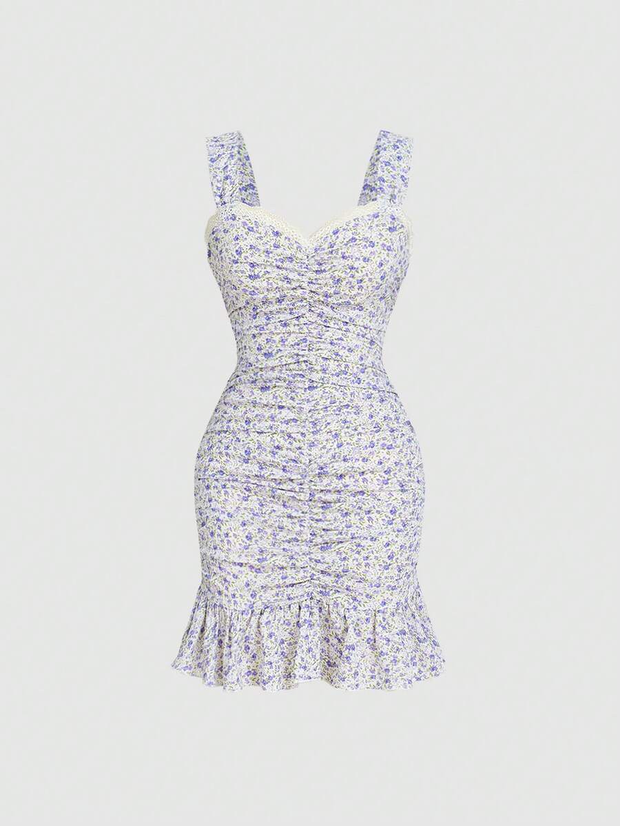 SHEIN MOD Vestido de tirantes floral fruncido bajo con fruncido - Morado - Ver 1