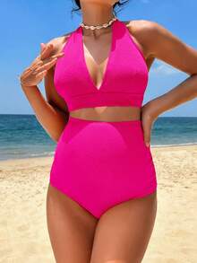 SHEIN Maternity Tie Backless Halter Bikini Set Summer Beach - Hot Pink - View 3
