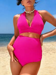 SHEIN Maternity Tie Backless Halter Bikini Set Summer Beach - Hot Pink - View 4