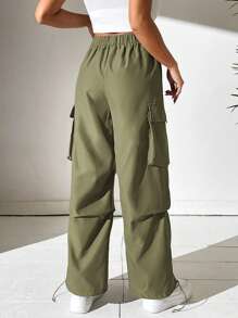 SHEIN PETITE Pantalones cargo con bolsillo de solapa, cordón lateral y dobladillo con cordón - Verde militar - Ver 2