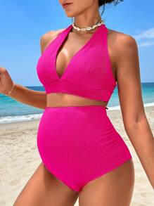 SHEIN Maternity Tie Backless Halter Bikini Set Summer Beach - Hot Pink - View 6