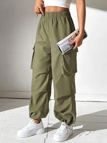 SHEIN PETITE Pantalones cargo con bolsillo de solapa, cordón lateral y dobladillo con cordón - Verde militar - Ver 3