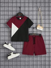 SHEIN Leap Crew Toddler Boys Colourblock Tee & Drawstring Waist Shorts - Burgundy - View 5