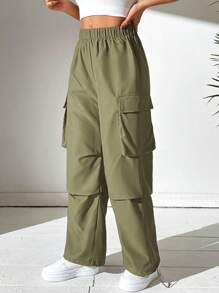 SHEIN PETITE Pantalones cargo con bolsillo de solapa, cordón lateral y dobladillo con cordón - Verde militar - Ver 6