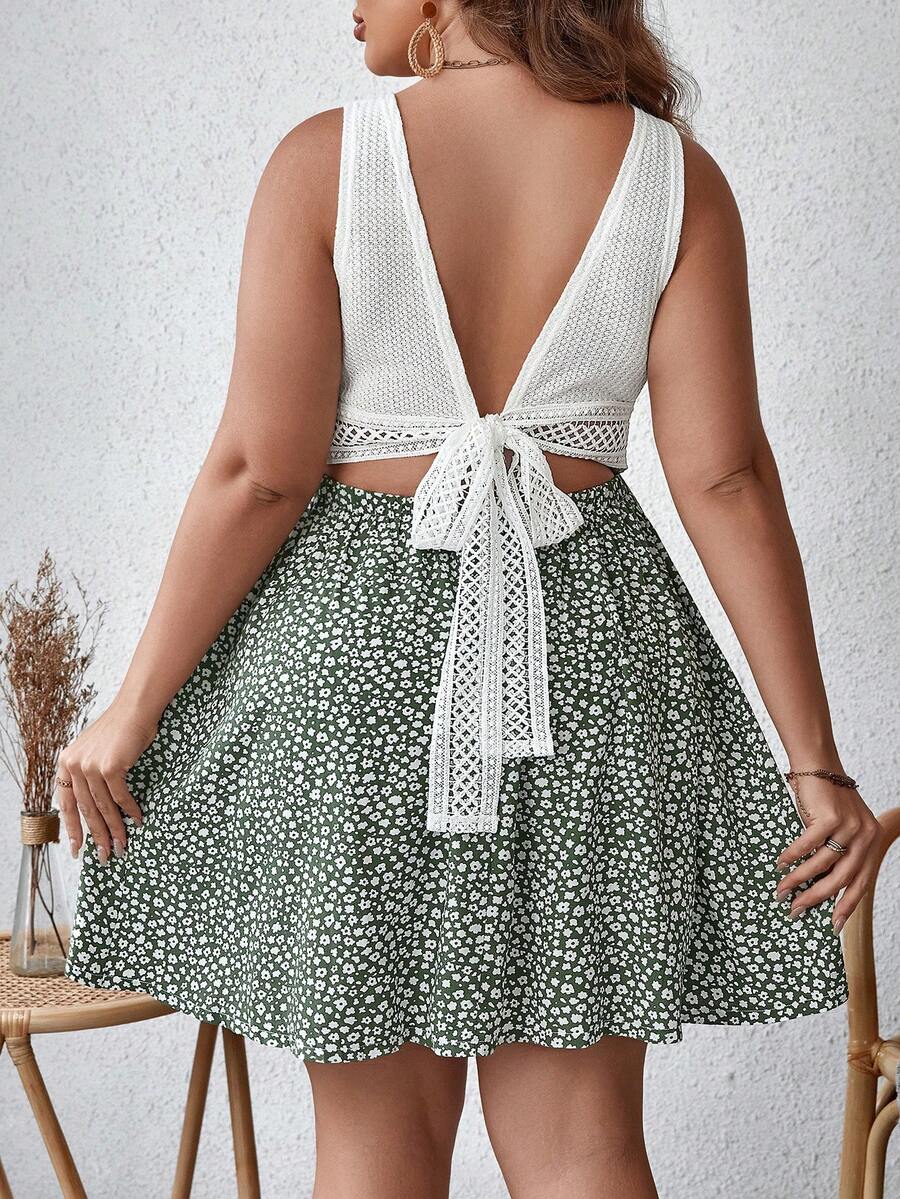 SHEIN VCAY Plus Ditsy Floral Print Guipure Lace Insert Dress - Multicolor - View 1