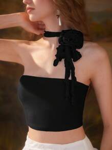 SHEIN MOD Date Night Tops Floral Top Summer 3D Rosette Crop Halter Top - Black - View 2