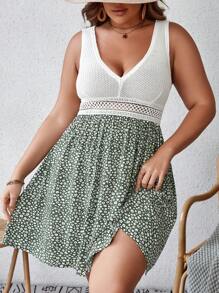 SHEIN VCAY Plus Ditsy Floral Print Guipure Lace Insert Dress - Multicolor - View 3