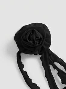 SHEIN MOD Date Night Tops Floral Top Summer 3D Rosette Crop Halter Top - Black - View 3