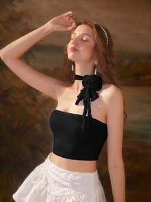 SHEIN MOD Date Night Tops Floral Top Summer 3D Rosette Crop Halter Top - Black - View 4