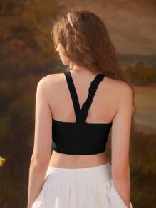 SHEIN MOD Date Night Tops Floral Top Summer 3D Rosette Crop Halter Top - Black - View 6