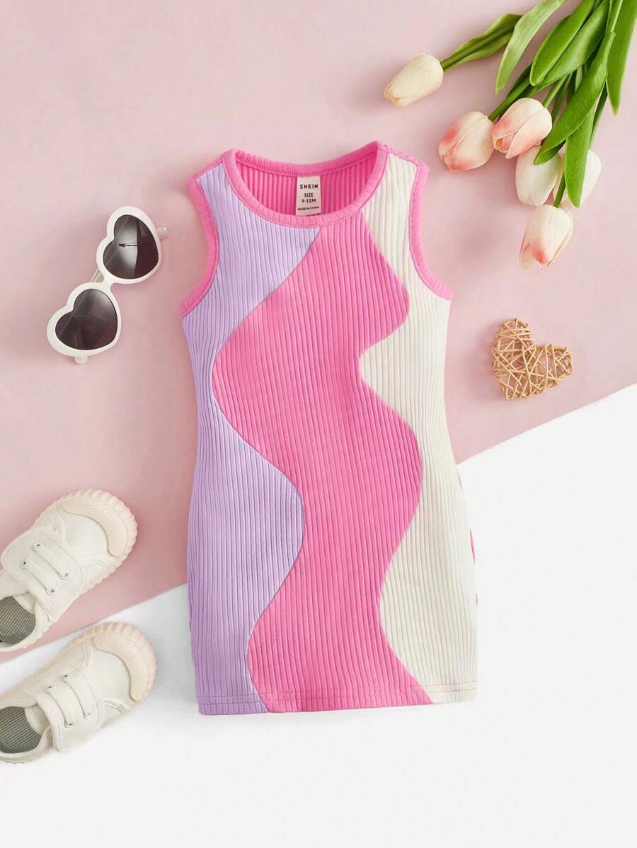 SHEIN Baby Colourblock Ribbed Knit Tank Dress - Lilac Purple - View 1