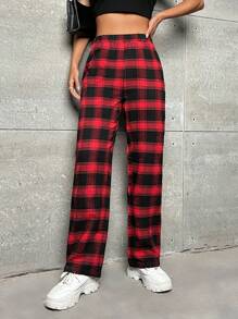 SHEIN PETITE Quần ống đứng in họa tiết kẻ caro - Đỏ - Xem 1