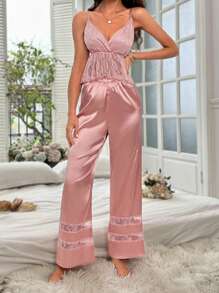 蕾絲拼接荷葉邊吊帶上衣和褲子睡衣套裝 - 淺粉色 - 查看 5