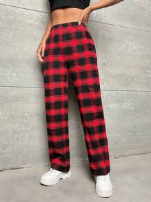 SHEIN PETITE Quần ống đứng in họa tiết kẻ caro - Đỏ - Xem 4