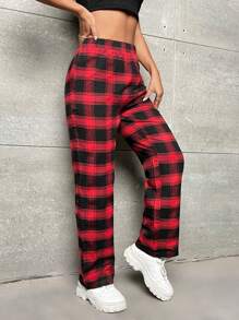 SHEIN PETITE Quần ống đứng in họa tiết kẻ caro - Đỏ - Xem 5