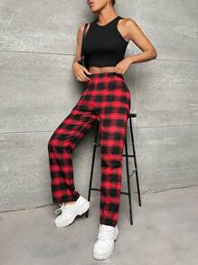 SHEIN PETITE Quần ống đứng in họa tiết kẻ caro - Đỏ - Xem 6