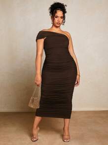 SHEIN BAE Plus One Shoulder Ruched Mesh Bodycon Dress - Chocolate Brown - View 1