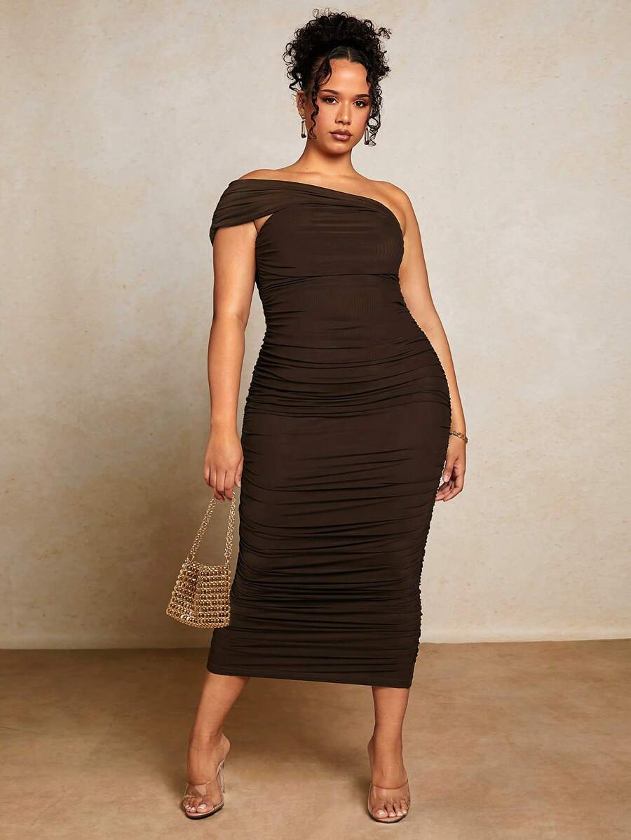 SHEIN BAE Plus One Shoulder Ruched Mesh Bodycon Dress - Chocolate Brown - View 1