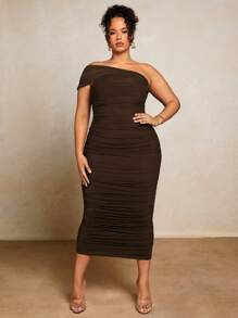 SHEIN BAE Plus One Shoulder Ruched Mesh Bodycon Dress - Chocolate Brown - View 3