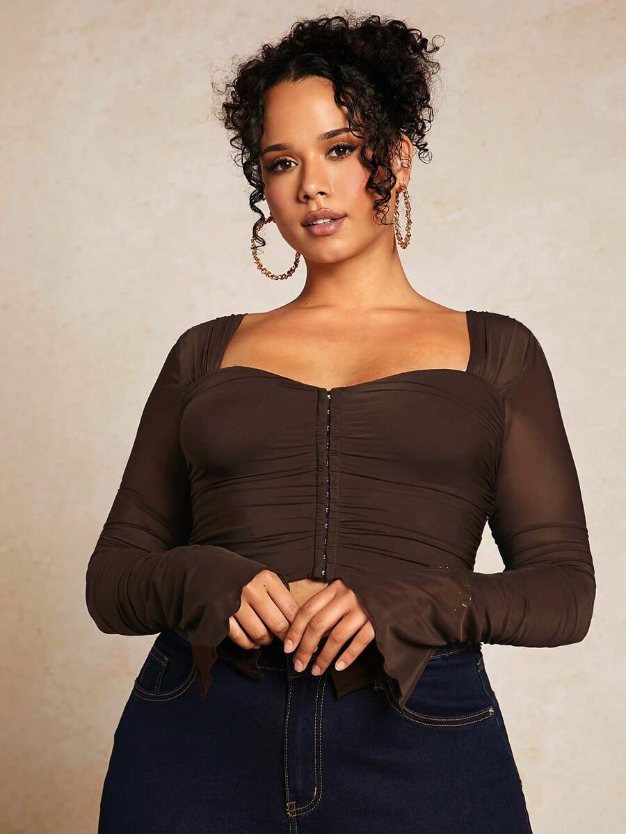 SHEIN BAE Plus Hook And Eye Ruched Mesh Top - Chocolate Brown - View 1