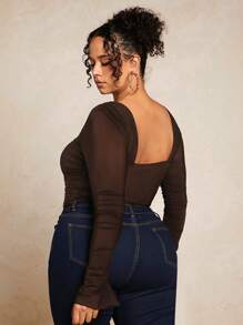 SHEIN BAE Plus Hook And Eye Ruched Mesh Top - Chocolate Brown - View 2