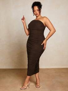 SHEIN BAE Plus One Shoulder Ruched Mesh Bodycon Dress - Chocolate Brown - View 5