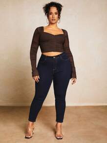 SHEIN BAE Plus Hook And Eye Ruched Mesh Top - Chocolate Brown - View 3