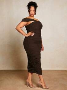 SHEIN BAE Plus One Shoulder Ruched Mesh Bodycon Dress - Chocolate Brown - View 6