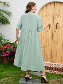 Mulvari 大碼蕾絲拼接前紐扣娃娃裙 - 綠色 - 查看 2