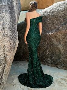 One Shoulder Floor Length Sequin Formal Dress - Green - View 2