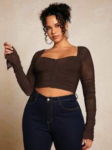 SHEIN BAE Plus Hook And Eye Ruched Mesh Top - Chocolate Brown - View 5