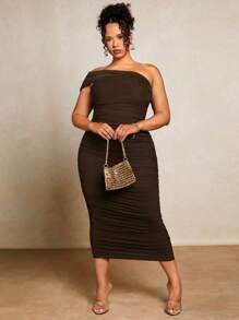 SHEIN BAE Plus One Shoulder Ruched Mesh Bodycon Dress - Chocolate Brown - View 7