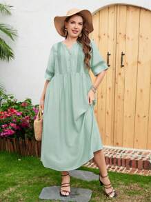 Mulvari 大碼蕾絲拼接前紐扣娃娃裙 - 綠色 - 查看 3