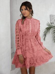 Simplee Contrast Lace Ruffle Hem Dress
