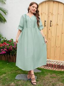 Mulvari 大碼蕾絲拼接前紐扣娃娃裙 - 綠色 - 查看 5