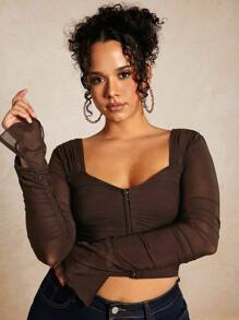SHEIN BAE Plus Hook And Eye Ruched Mesh Top - Chocolate Brown - View 7