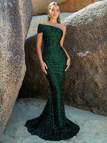 One Shoulder Floor Length Sequin Formal Dress - Green - View 5