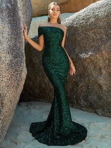 One Shoulder Floor Length Sequin Formal Dress - Green - View 6
