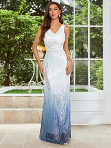 Ombre Sequin Decor Maxi Formal Dress - Blue and White - View 1