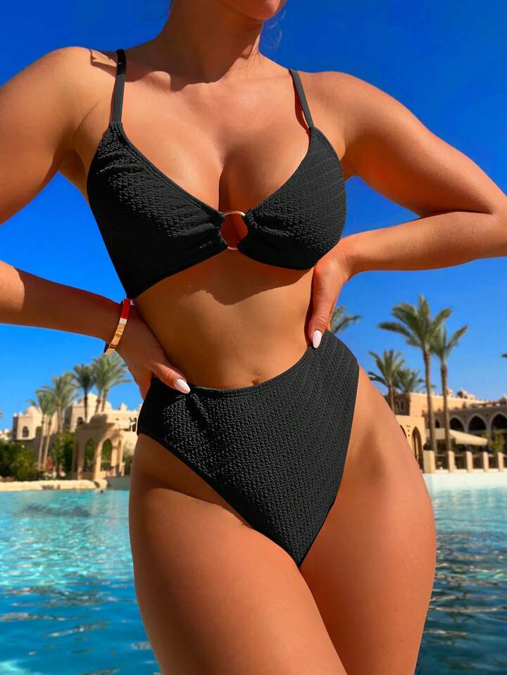 SHEIN Swim Summer Beach Ring Linked High Waisted Bikini Set | SHEIN