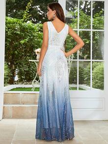 Ombre Sequin Decor Maxi Formal Dress - Blue and White - View 2