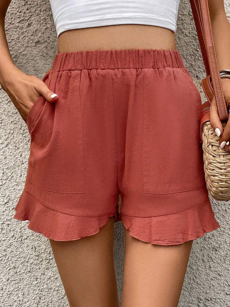 SHEIN VCAY Solid Ruffle Hem Shorts - Watermelon Pink - View 1