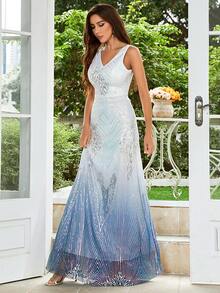 Ombre Sequin Decor Maxi Formal Dress - Blue and White - View 5