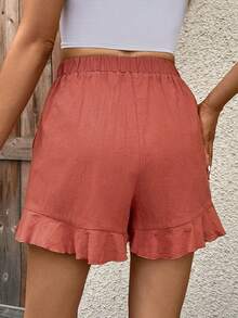 SHEIN VCAY Solid Ruffle Hem Shorts - Watermelon Pink - View 2