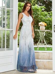 Ombre Sequin Decor Maxi Formal Dress - Blue and White - View 6